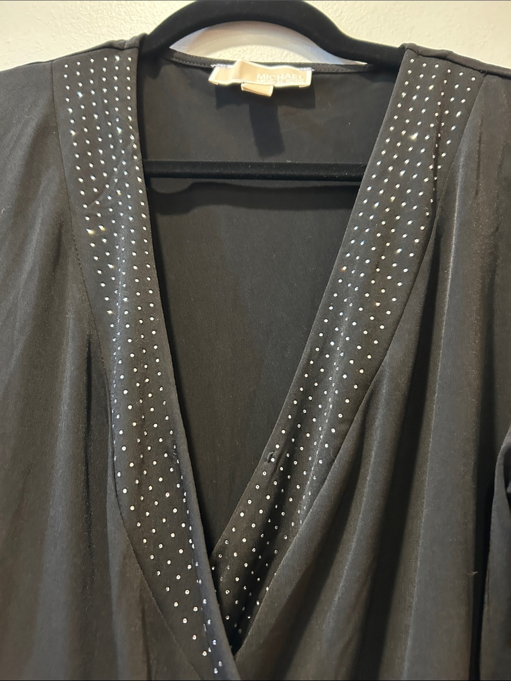 Michael Kors Black Long Sleeve Faux-Wrap Top with Stud Accents - Picture 3 of 5